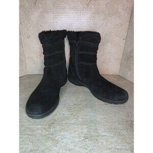 Clarks Black Suede Leather Side Zip Faux Fur Trim Ankle Boots Women Sz 8 Comfort